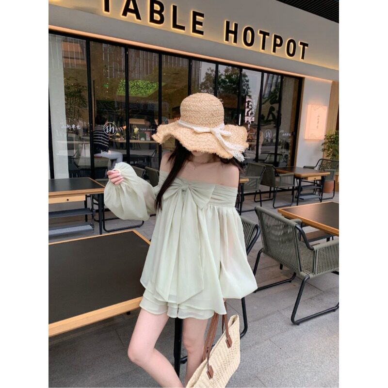 温柔风超仙雪纺一字肩蝴蝶结上衣女夏季海边度假绝美半身裙两件套