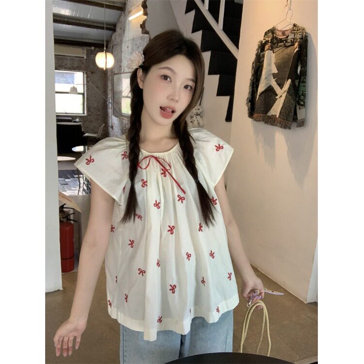 蝴蝶结系带印花小飞袖衬衫女夏法式褶皱宽松娃娃衫遮肚子显瘦上衣