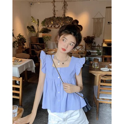 法式荷叶边飞飞袖衬衫方领背心