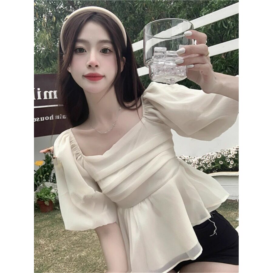 甜美方领杏色雪纺衫女夏装裹胸褶皱泡泡袖上衣收腰显瘦短款打底衫
