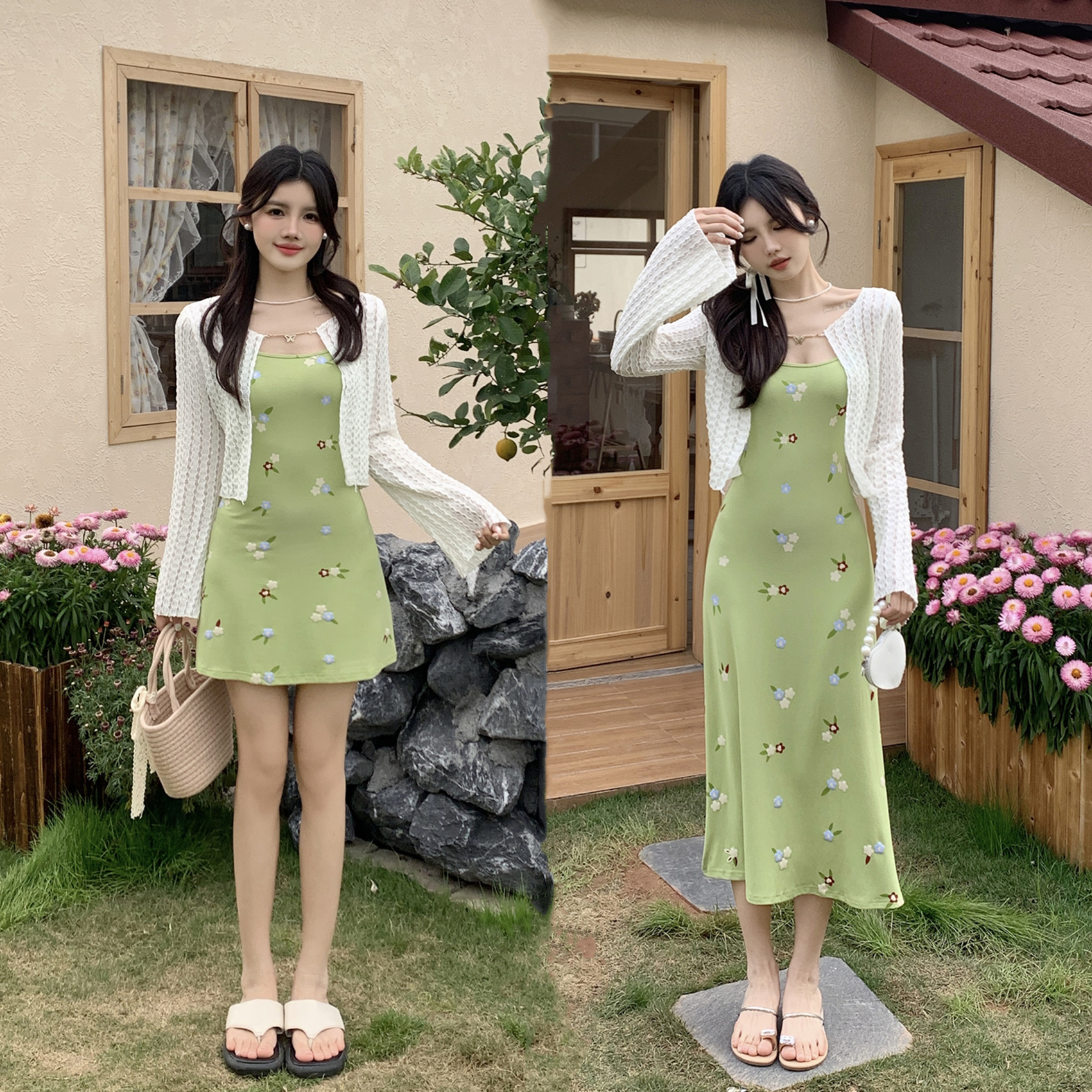 法式绿色温柔风吊带裙