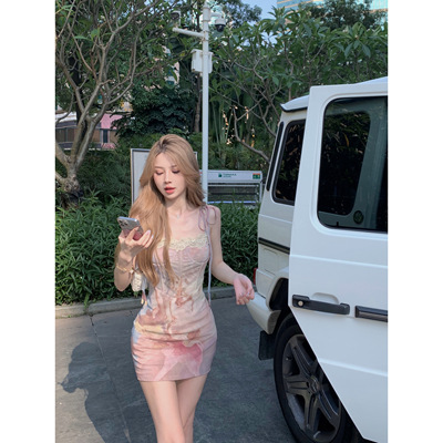 油画扎染蕾丝花边吊带连衣裙女