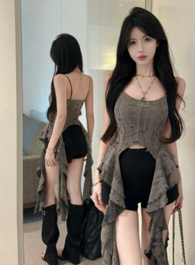 破败叛逆废土风手工磨破吊带背心女荷叶边拼接显瘦别致甜辣上衣女
