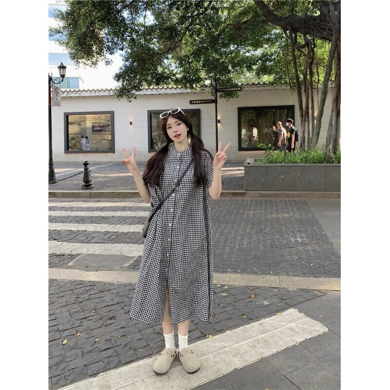日系复古文艺格子衬衫连衣裙女