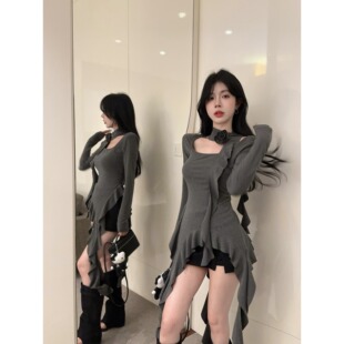 纯欲不规则荷叶边方领长袖t恤女一字肩挂脖上衣显身材打底衫内搭