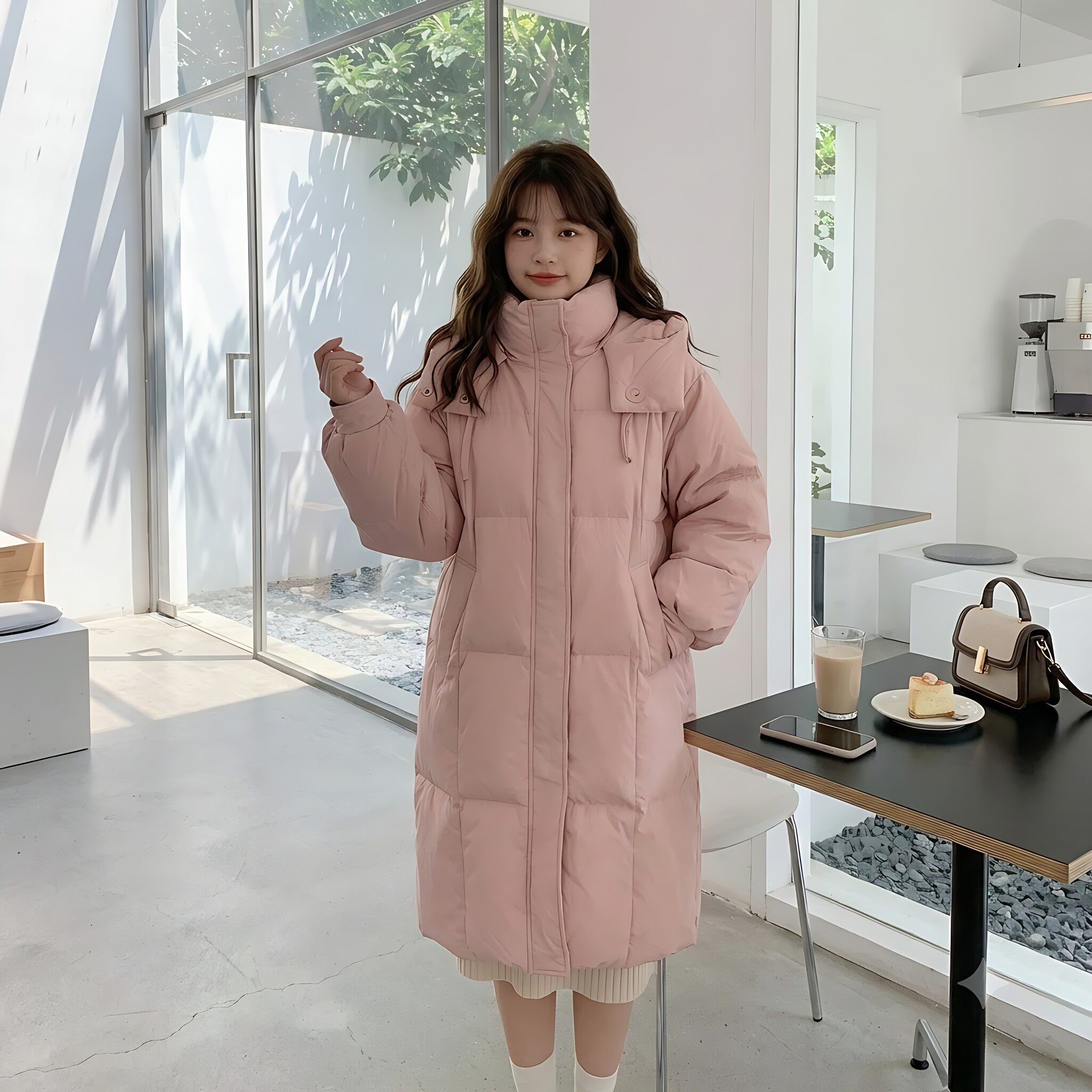 粉色软妹连帽加厚面包服过膝