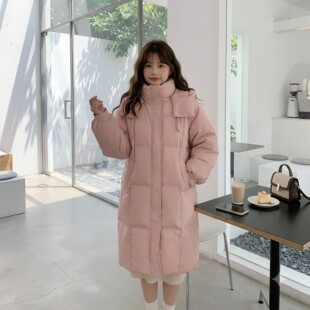 奶fufu粉色软妹连帽羽绒棉服冬2026新小个子加厚中长款过膝面包服