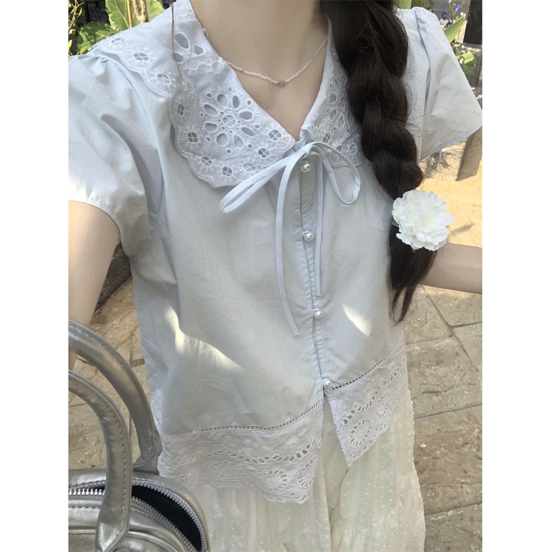 法式蕾丝上衣系带2025年夏季新款娃娃小个子短款多巴胺穿搭衬衫潮