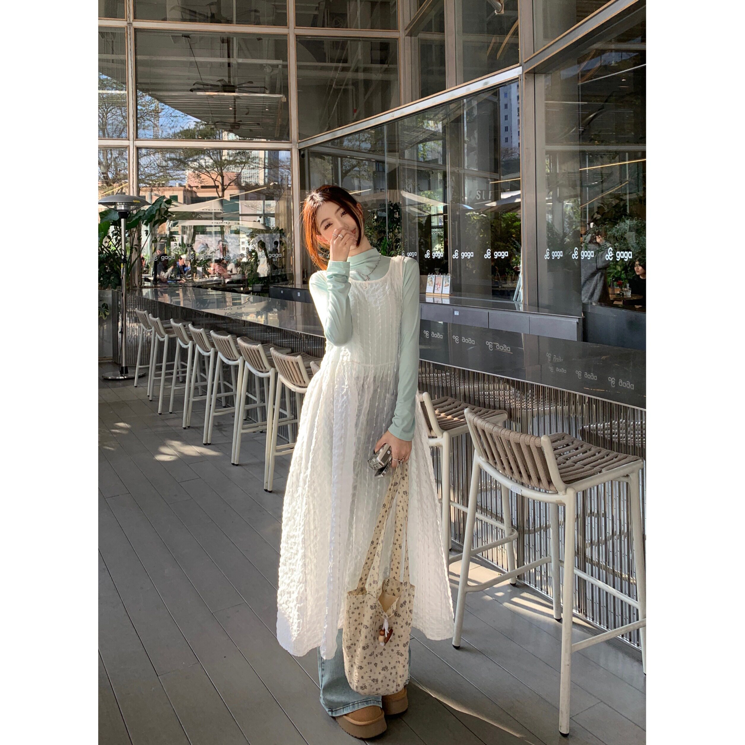 早春韩系ins温柔风两面穿白色蕾丝背心连衣裙叠穿长袖打底衫套装