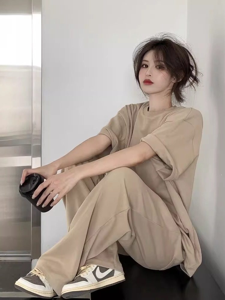 盐系时尚运动服套装女夏季宽松韩版纯色短袖长裤休闲两件套ins潮