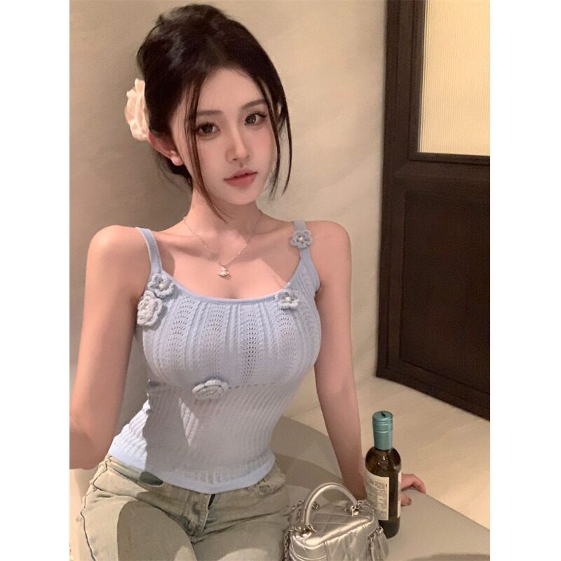 百搭花朵温柔针织吊带小背心女夏季新款修身设计小众甜美上衣外穿