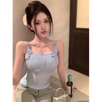 夏季纯棉针织花朵修身吊带背心