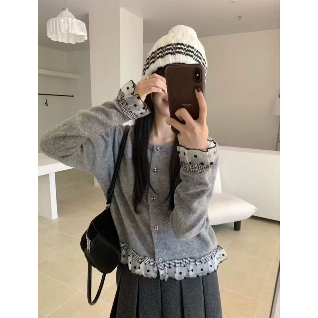 韩系波点格子木耳边拼接针织衫