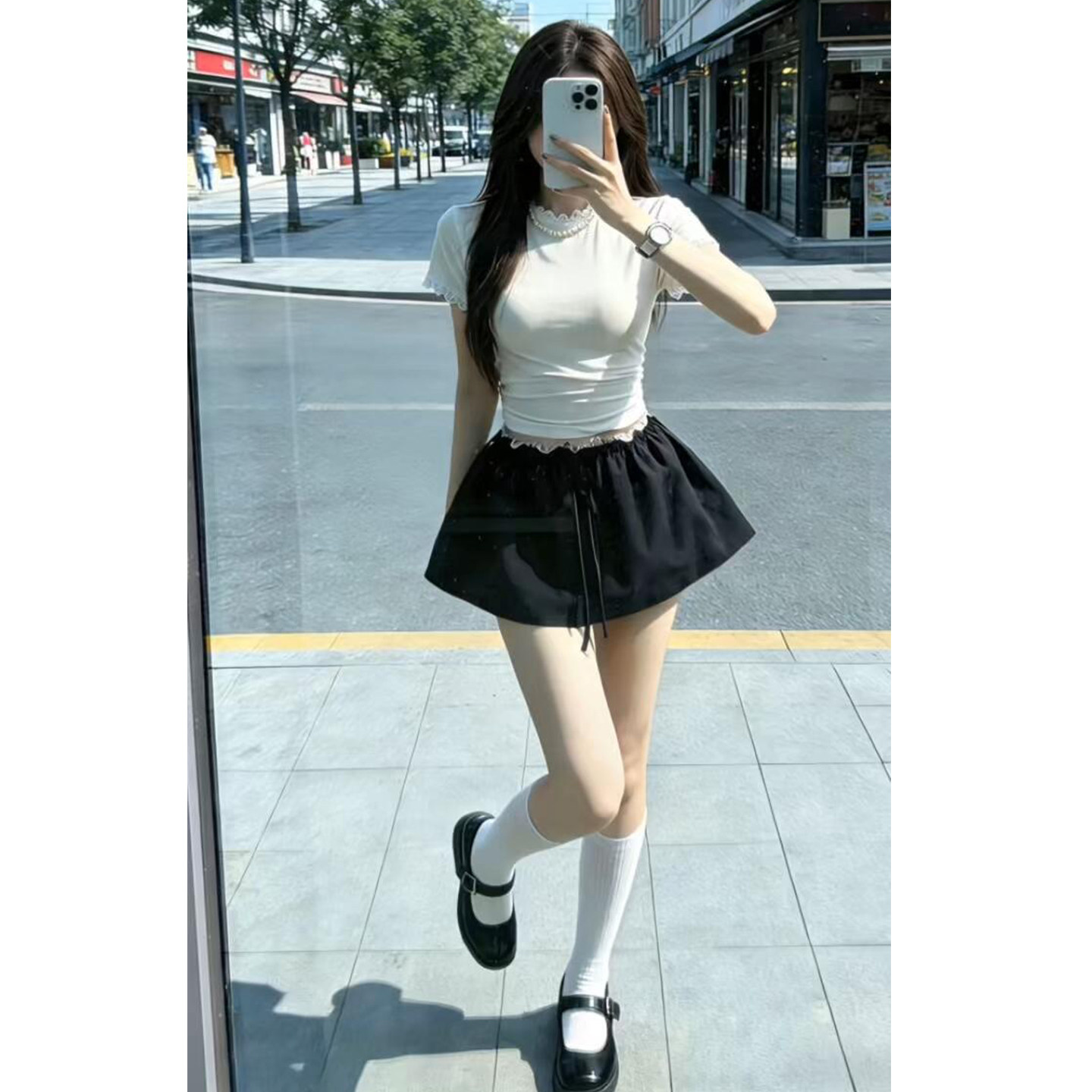 夏季甜美蕾丝T恤短裙两件套
