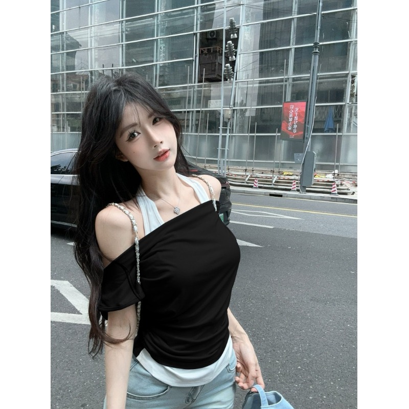 撞色拼接假两件短袖T恤女装夏季