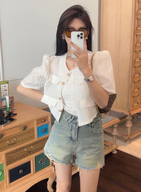 韩系chic高级感显瘦小香风肌理感白色衬衫外套女夏季防晒短袖上衣