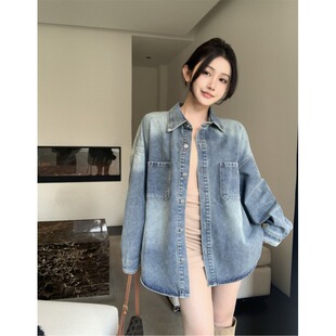 复古渐变色牛仔衬衫外套女春秋季叠穿内搭设计感小众宽松休闲衬衣