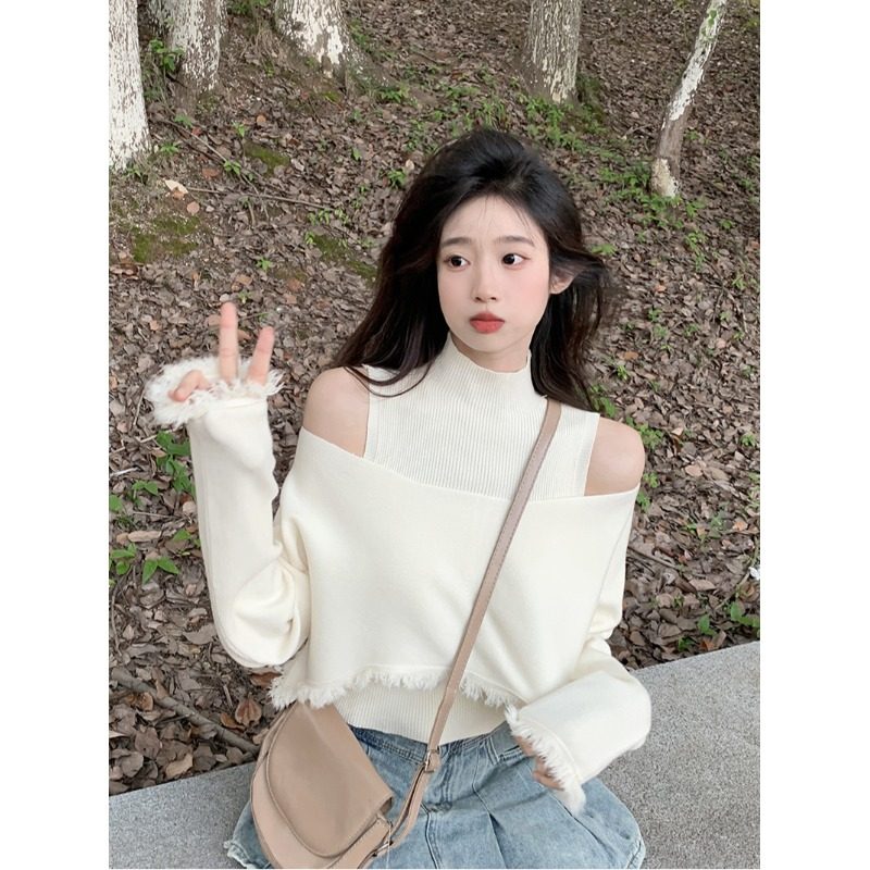不规则流苏露肩高领毛衣女秋冬短款内搭针织背心两件套打底衫上衣