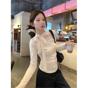 顯瘦2025新款 顯瘦純欲打底上衣遮肉 設(shè)計(jì)感蕾絲上衣女修身 秋冬法式