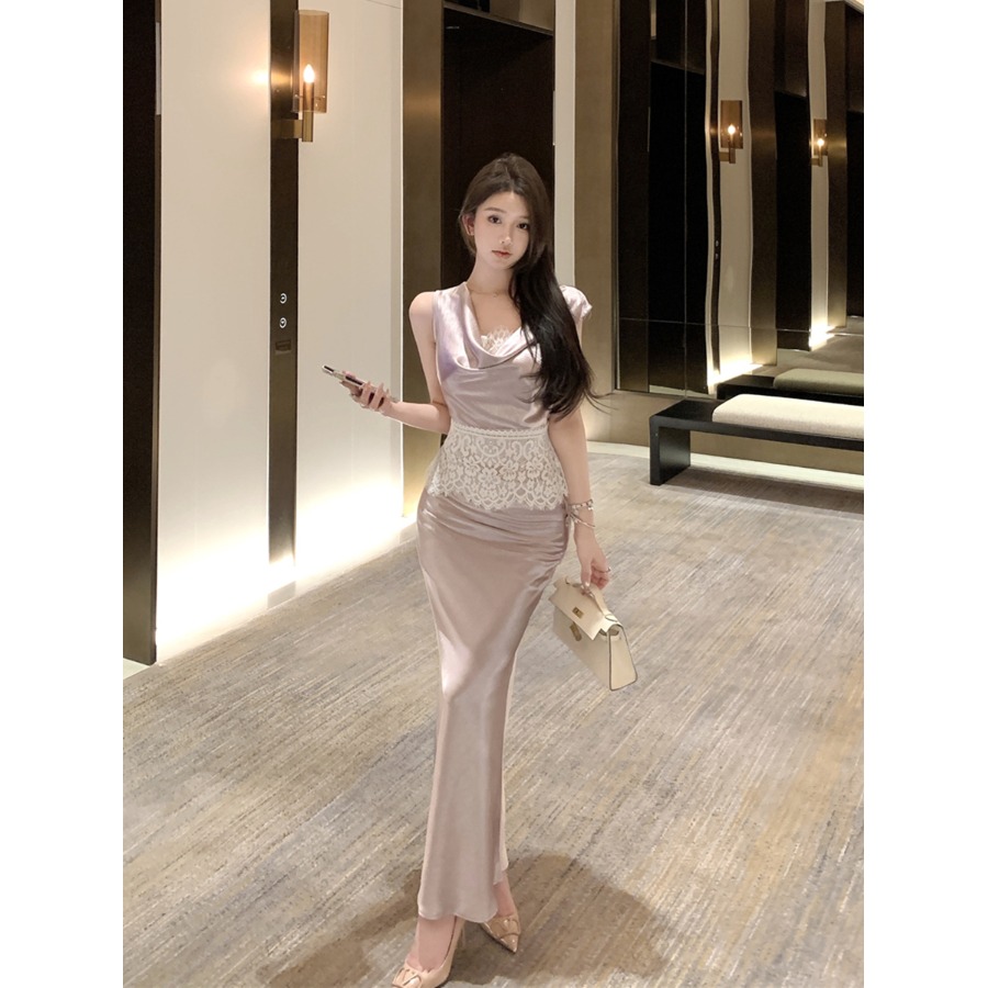 蕾丝拼接荡领无袖背心女夏季御姐高级感套装鱼尾半身裙缎面两件套