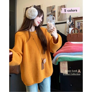 秋冬新款韩系氛围感穿搭慵懒风橘色圆领套头毛衣女针织衫chic上衣