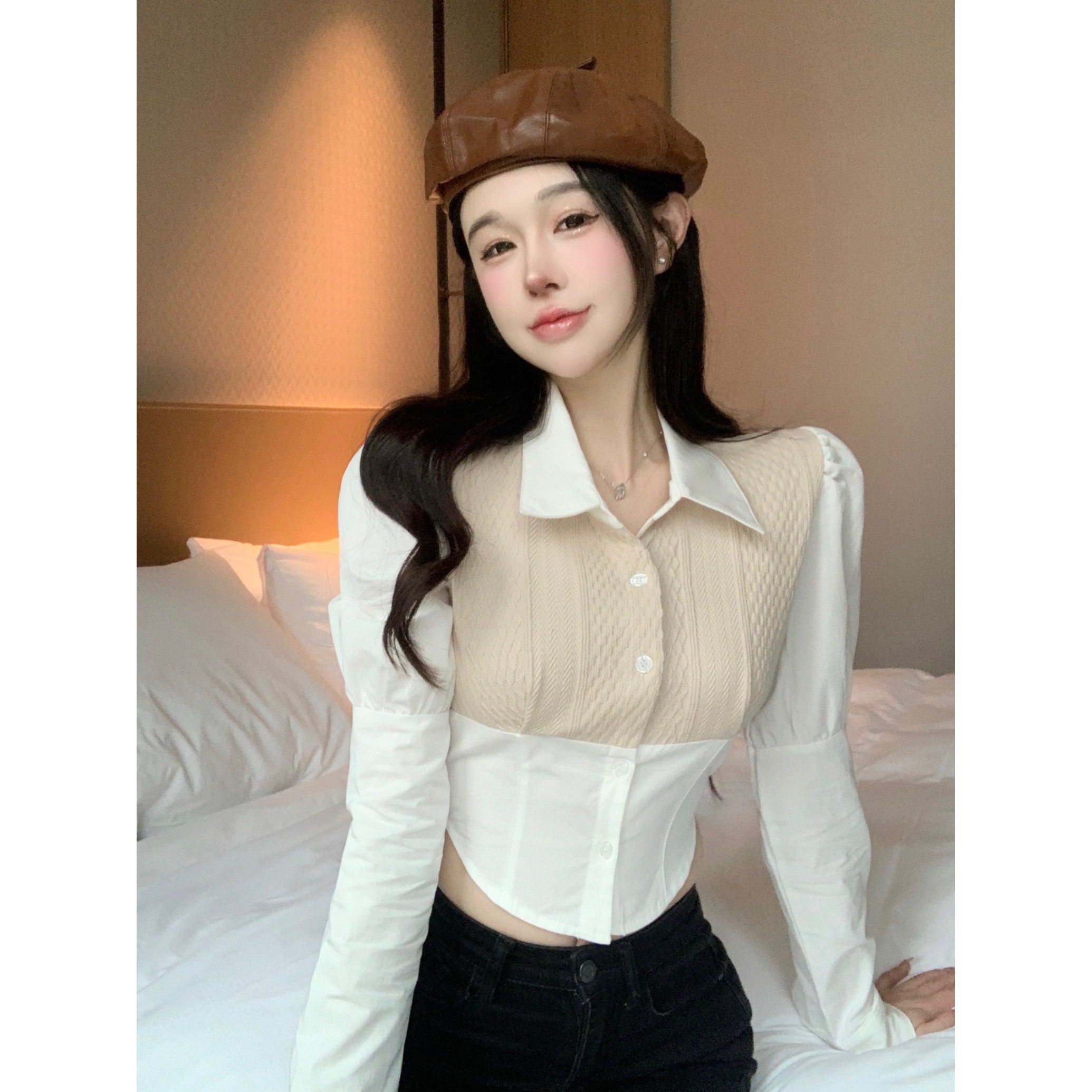 辣妹拼接长袖衬衫女春季