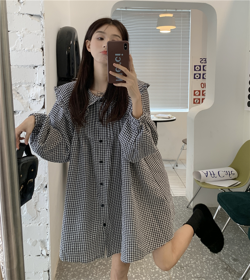 黑白格娃娃领连衣裙女春装衬衫裙