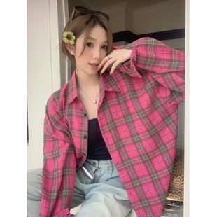 美拉德系列格子衬衫外套女春季韩版宽松百搭中长款外穿上衣女