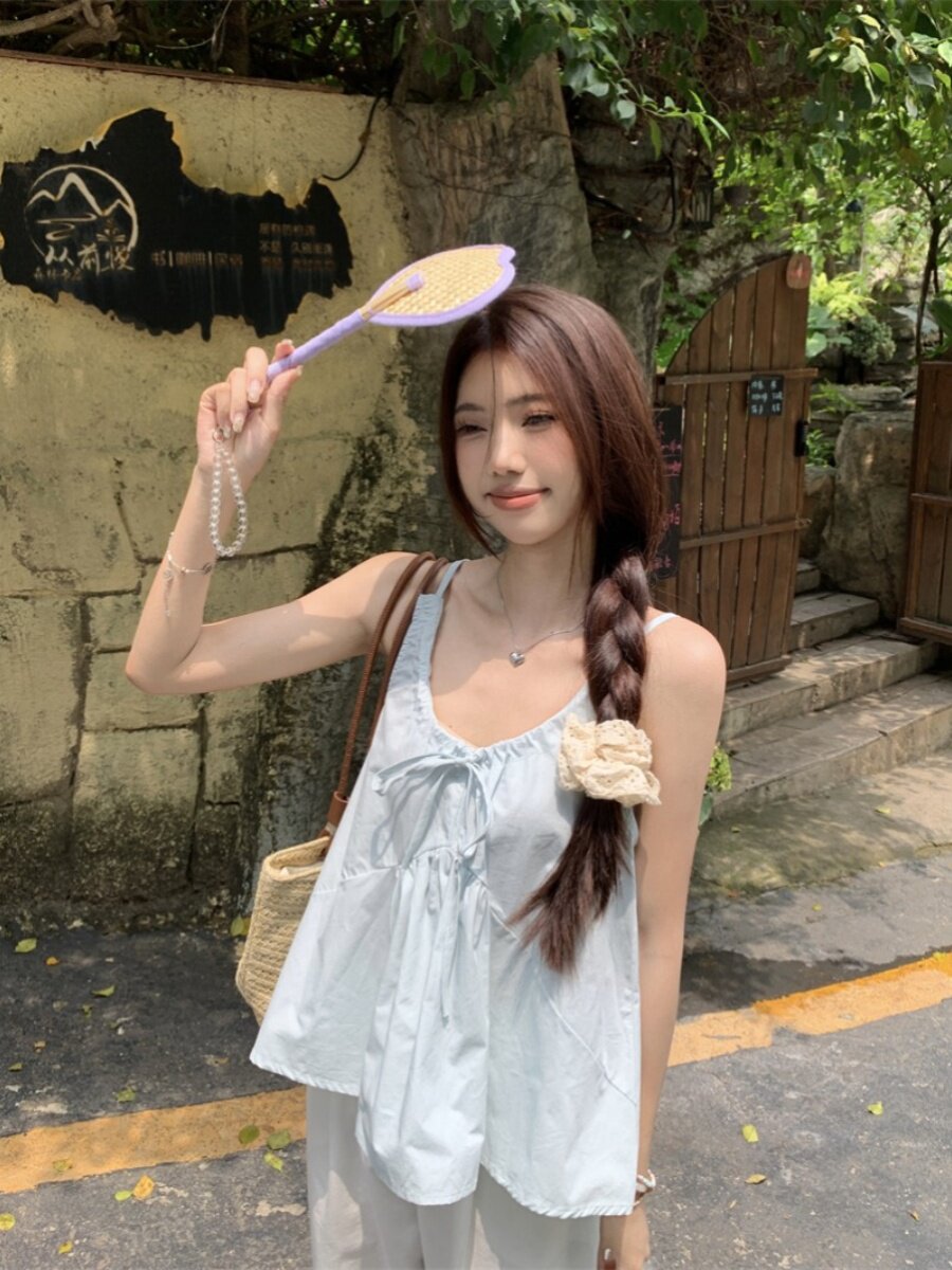 패션 정장 여성 블루 PLEATED 캐미솔 2024 여름 느슨한 넓은 다리 바지 캐주얼 바지 투피스 세트