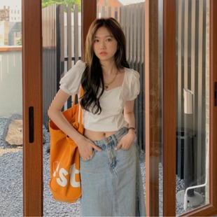 夏季V领短袖T恤女装2024新款设计感小众网红宽松短款黑色上衣ins