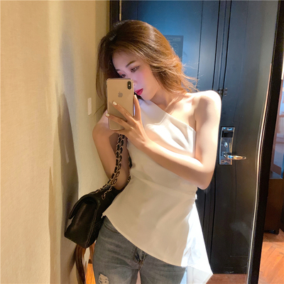 斜肩黑色上衣无袖T恤露肩