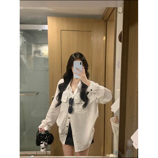 白色polo领长袖衬衫女秋季开衫外套韩系宽松衬衣小众休闲防晒上衣