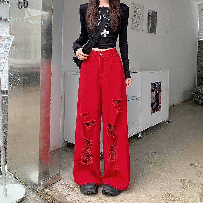 大码夏季新款多巴胺辣妹阔腿裤女胖mm美式复古红色破洞直筒牛仔裤