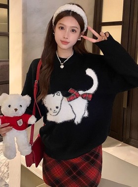 圣诞节上衣蝴蝶结屁屁猫保暖毛衣女2025秋冬新款慵懒风新年红色潮