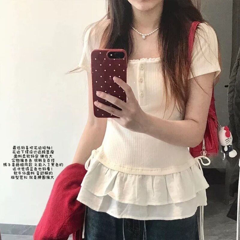 韩系蕾丝花边U领短袖t恤女夏季设计感小众修身显瘦甜辣妹正肩上衣