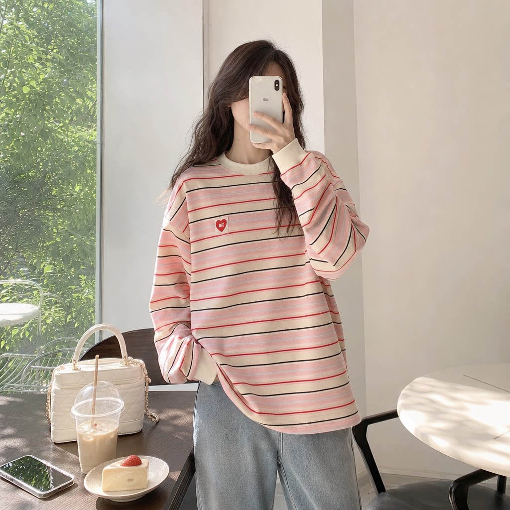 韩系撞色条纹爱心长袖T恤女