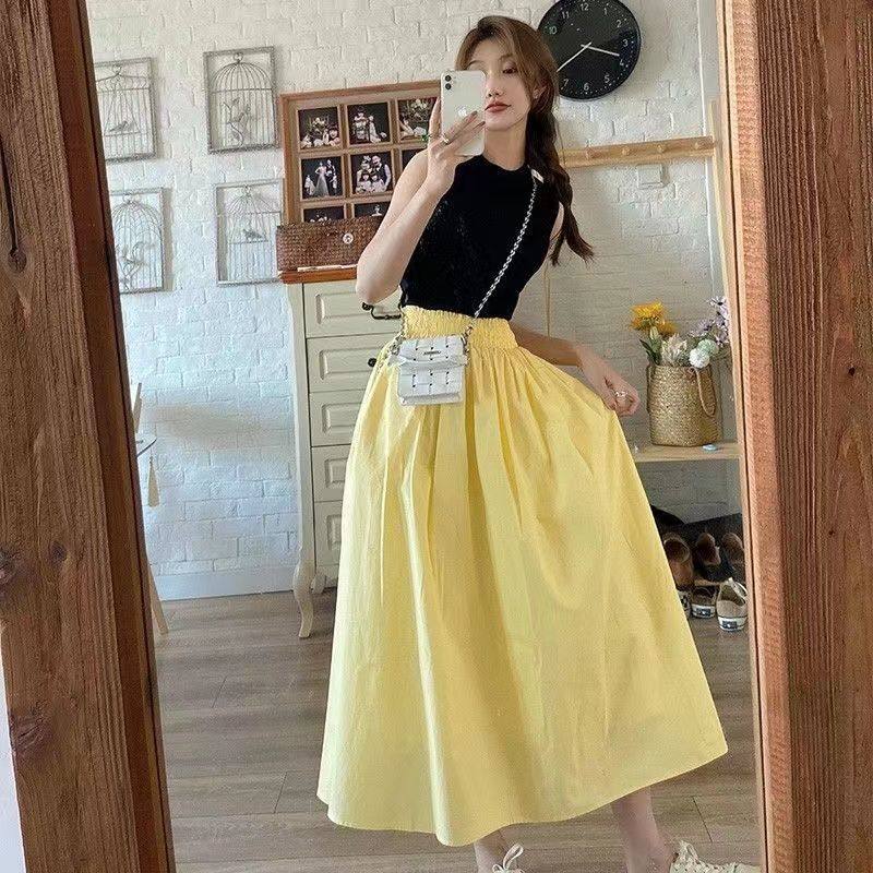 春夏季多巴胺高级感炸街中长款半身裙套装女温柔上衣背心两件套装