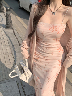 抹胸吊带包臀长裙长款 性感显胸印花连衣裙套装 防晒外套 新中式 新款