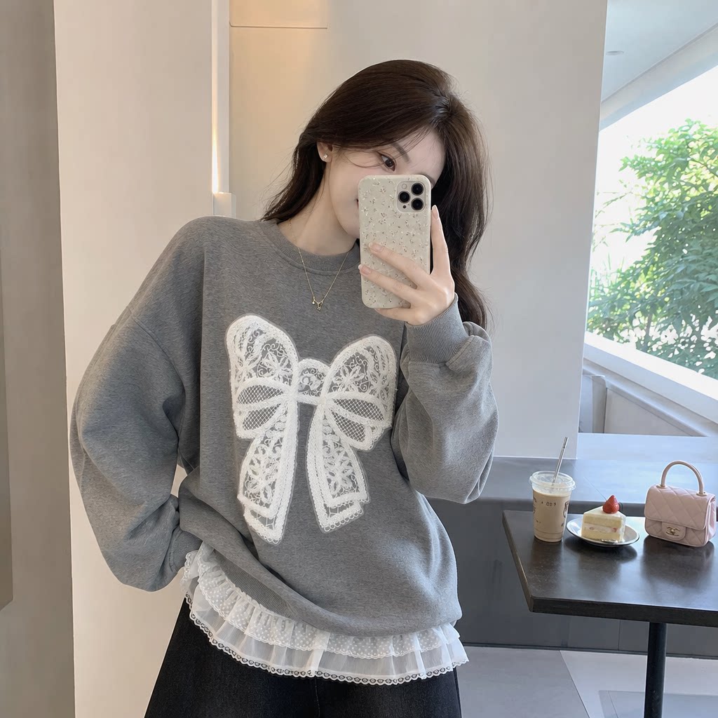 蕾丝拼接蝴蝶结大码女装卫衣