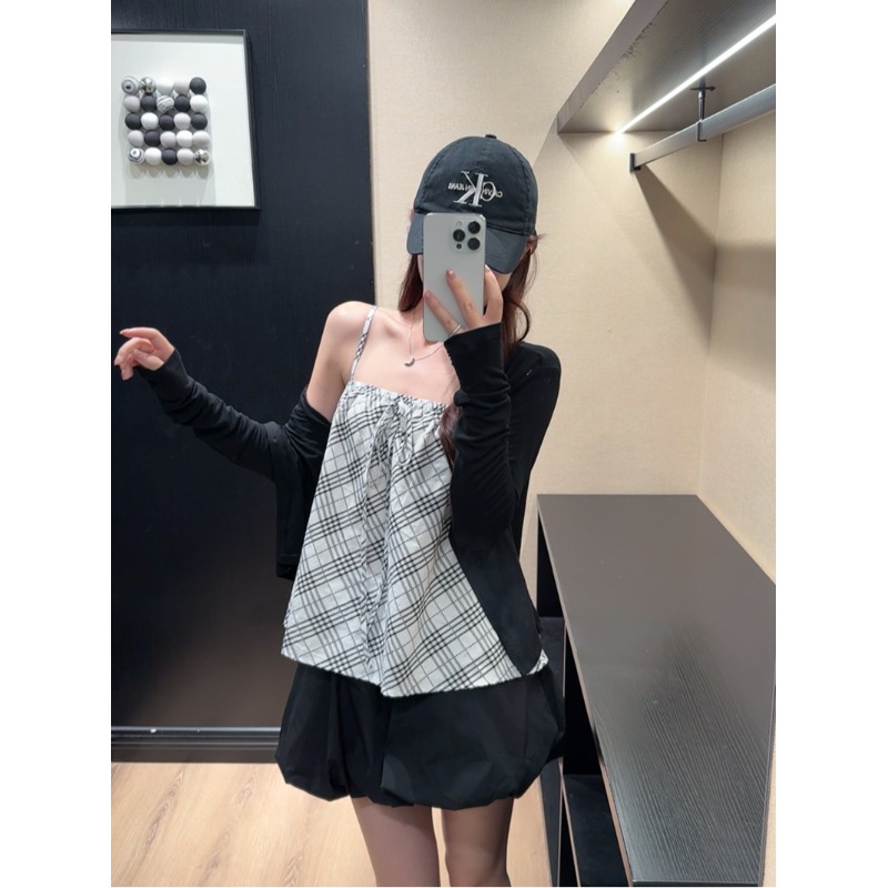 复古格纹吊带背心女装夏季