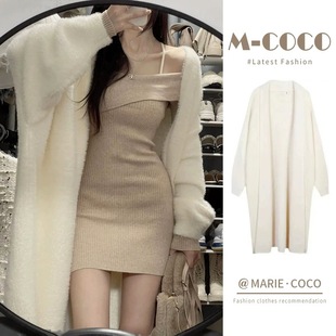 纯欲辣妹一字肩长袖针织连衣裙女秋冬2025新款修身加厚短款包臀裙
