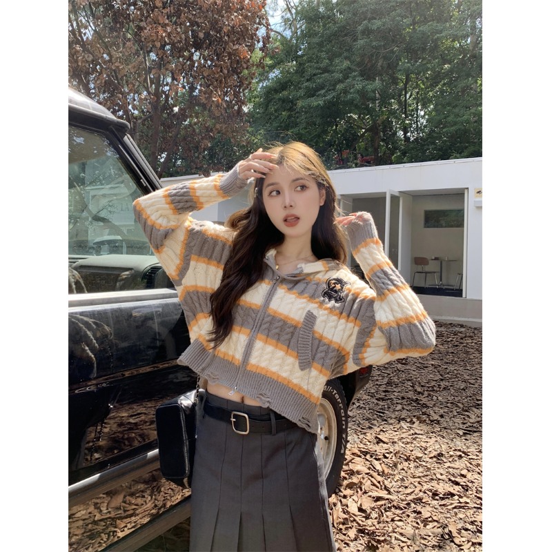 韩系高级感条纹麻花连帽针织衫