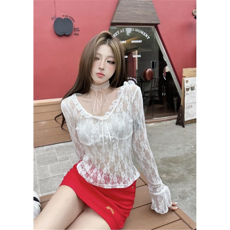 纯欲风白色蕾丝打底衫女