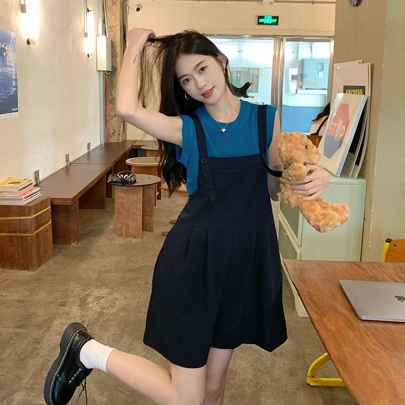 套装女夏季时尚休闲无袖针织背心+宽松背带阔腿短裤潮单件/两件套