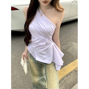 夏季新款不规则斜肩衬衫女白色百搭尚设计感气质小众无袖别致上衣
