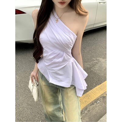 夏季新款不规则斜肩衬衫女