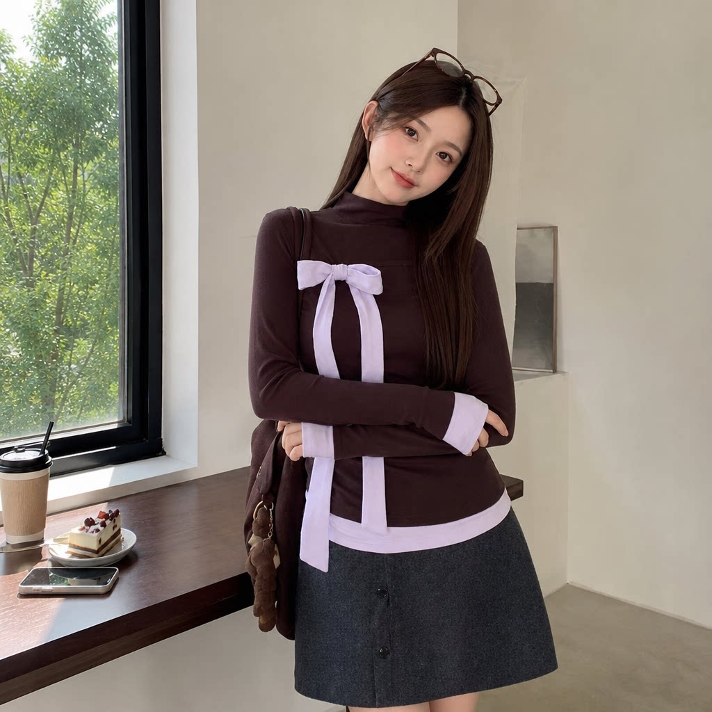 辣妹风蝴蝶结半高领长袖显瘦上衣