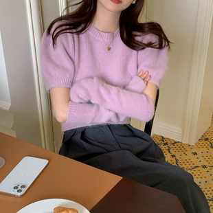温柔风百搭别致短款短袖针织泡泡袖上衣袖套毛衣女早春小众设计感