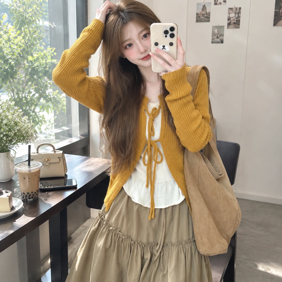 橘色复古绑带针织开衫女秋宽松