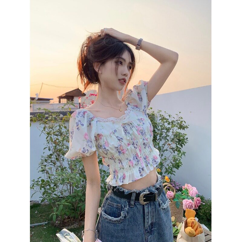 法式方领碎花衬衫短袖女夏季收腰小个子短款甜美泡泡袖上衣